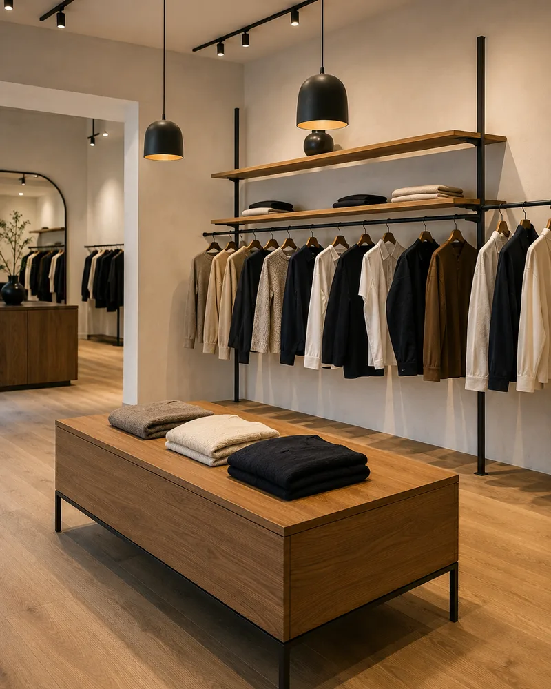 Mobiliario de boutique en madera y latón