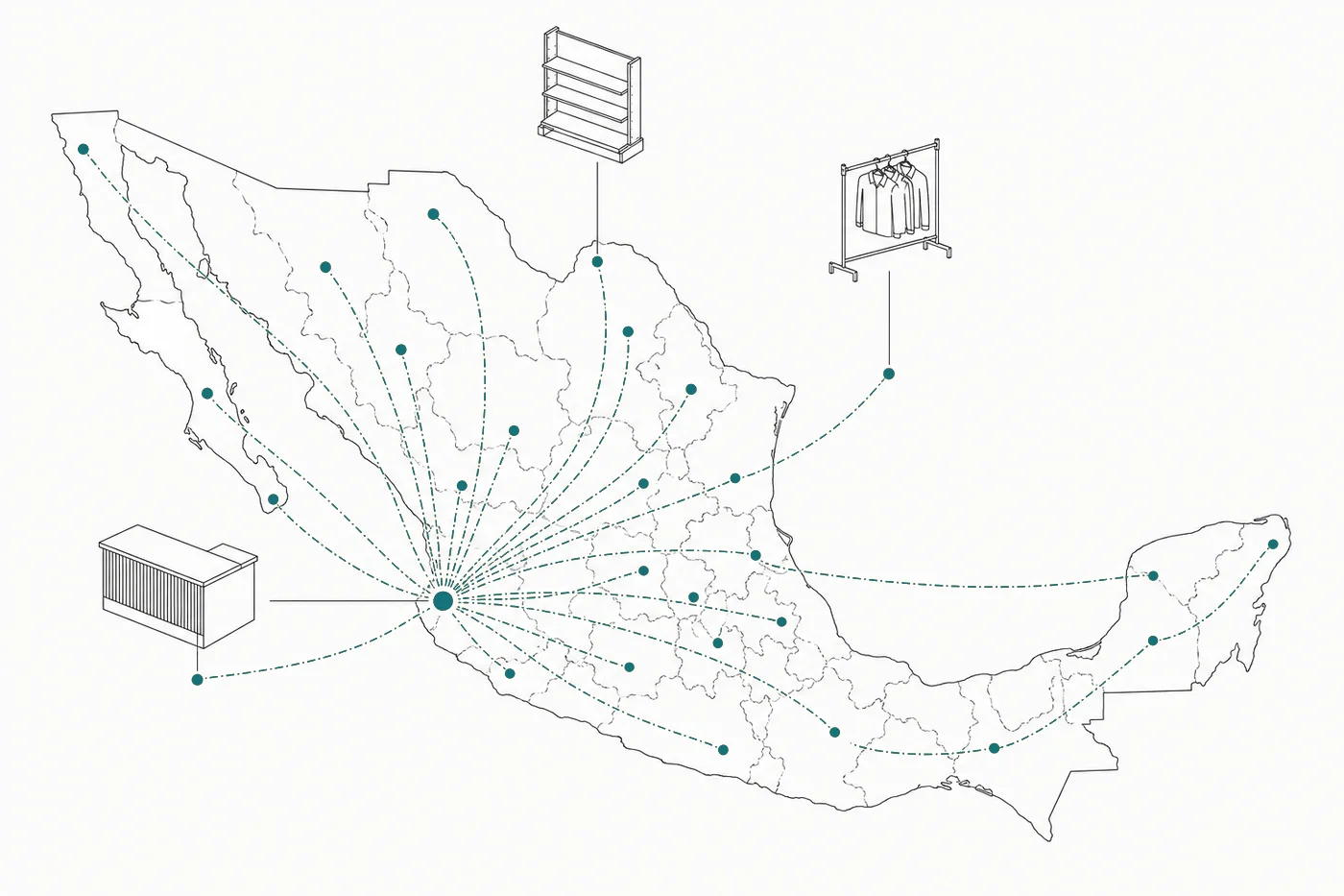 Mapa de México con envíos de mobiliario desde Guadalajara a todo el país